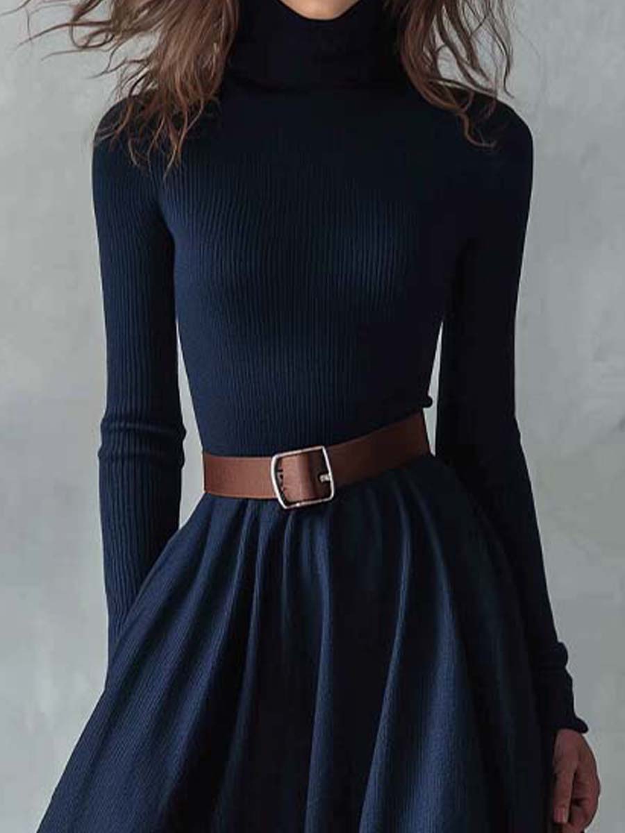 Navy Knit Turtleneck Maxi Dress With Belt
