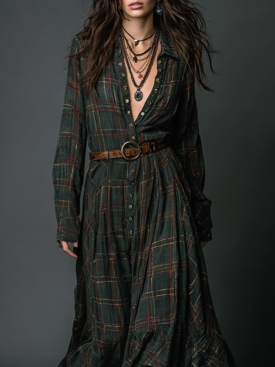 Retro Plaid Printed Cotton Mixed Single Breasted Maxi Dress