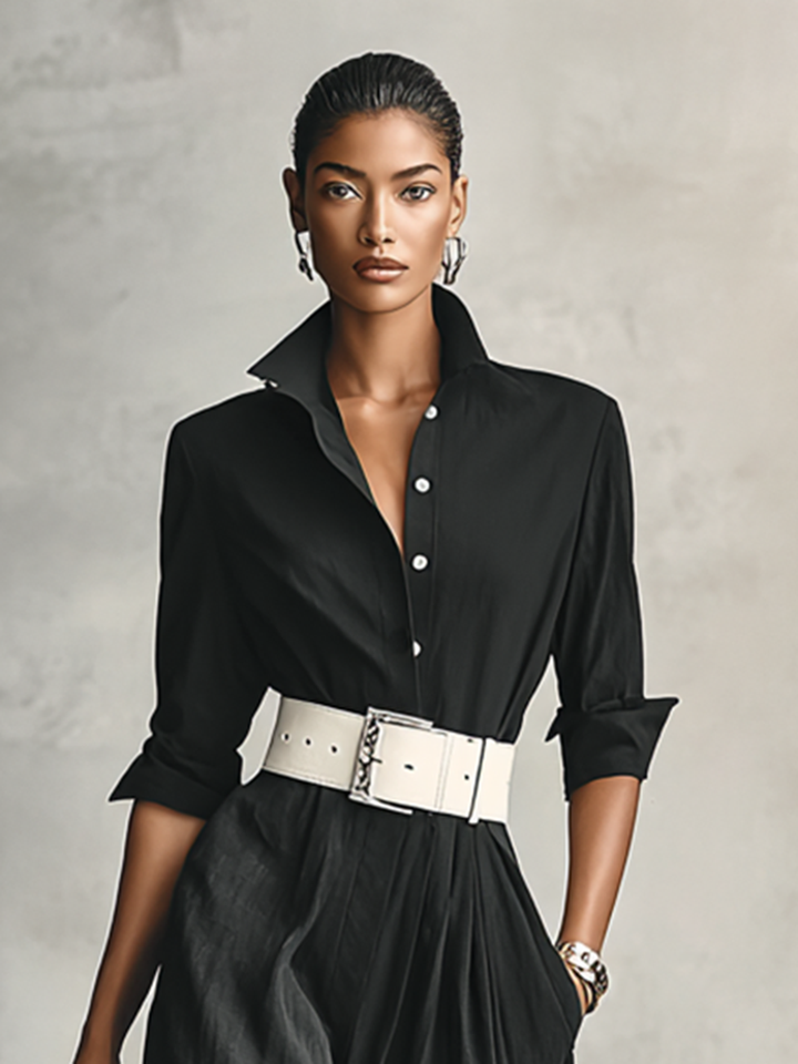 Women's Lapel Single Breasted Long Sleeve Belted Jumpsuit