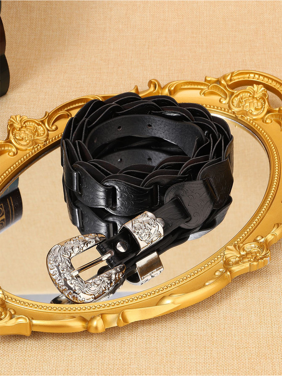 Women's Elegant Western - Style Faux Leather Floral - Embossed Waist Belt
