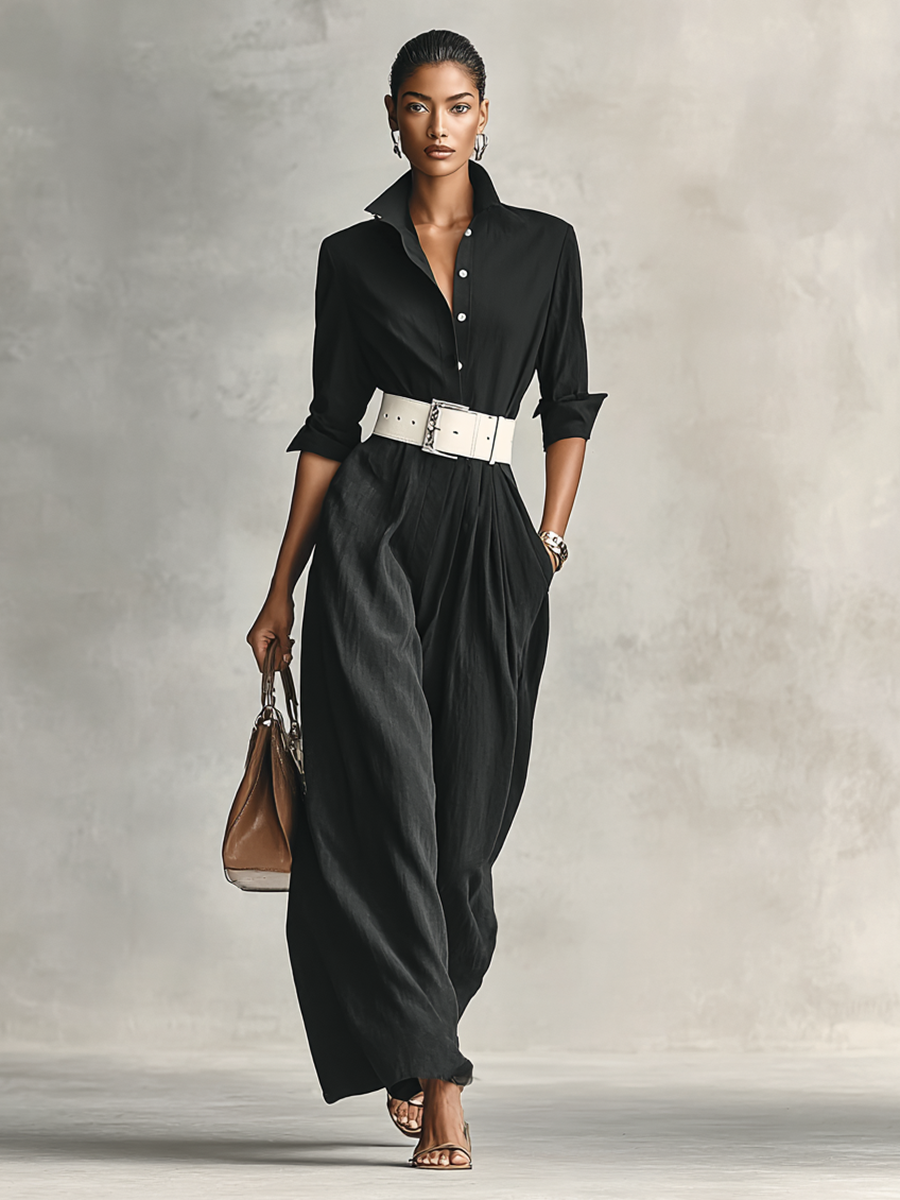 Women's Lapel Single Breasted Long Sleeve Belted Jumpsuit