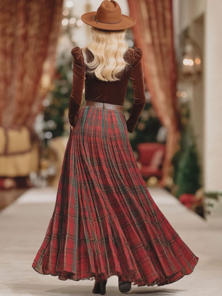 V-neck Lace Long-sleeved T-shirt And Red Plaid Skirt Set