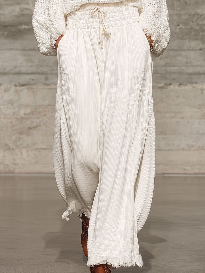 Retro Casual White Elastic Waist Wide-leg Pants
