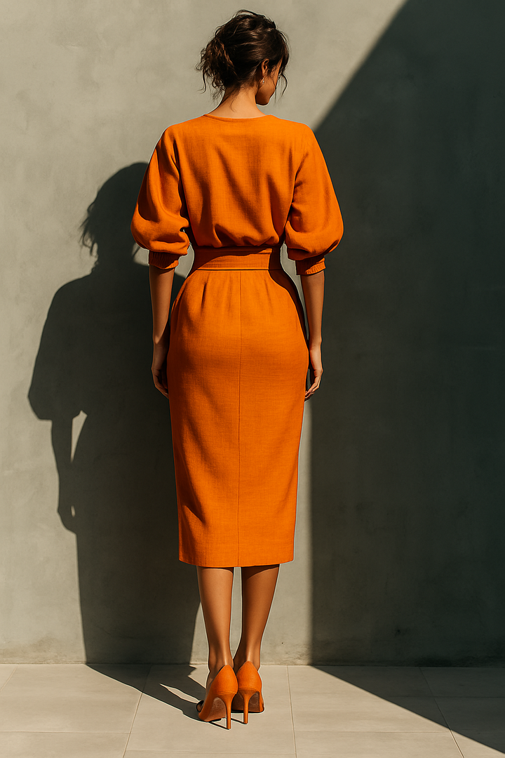 Women's Orange Mid-sleeve Top And Midi Skirt Set