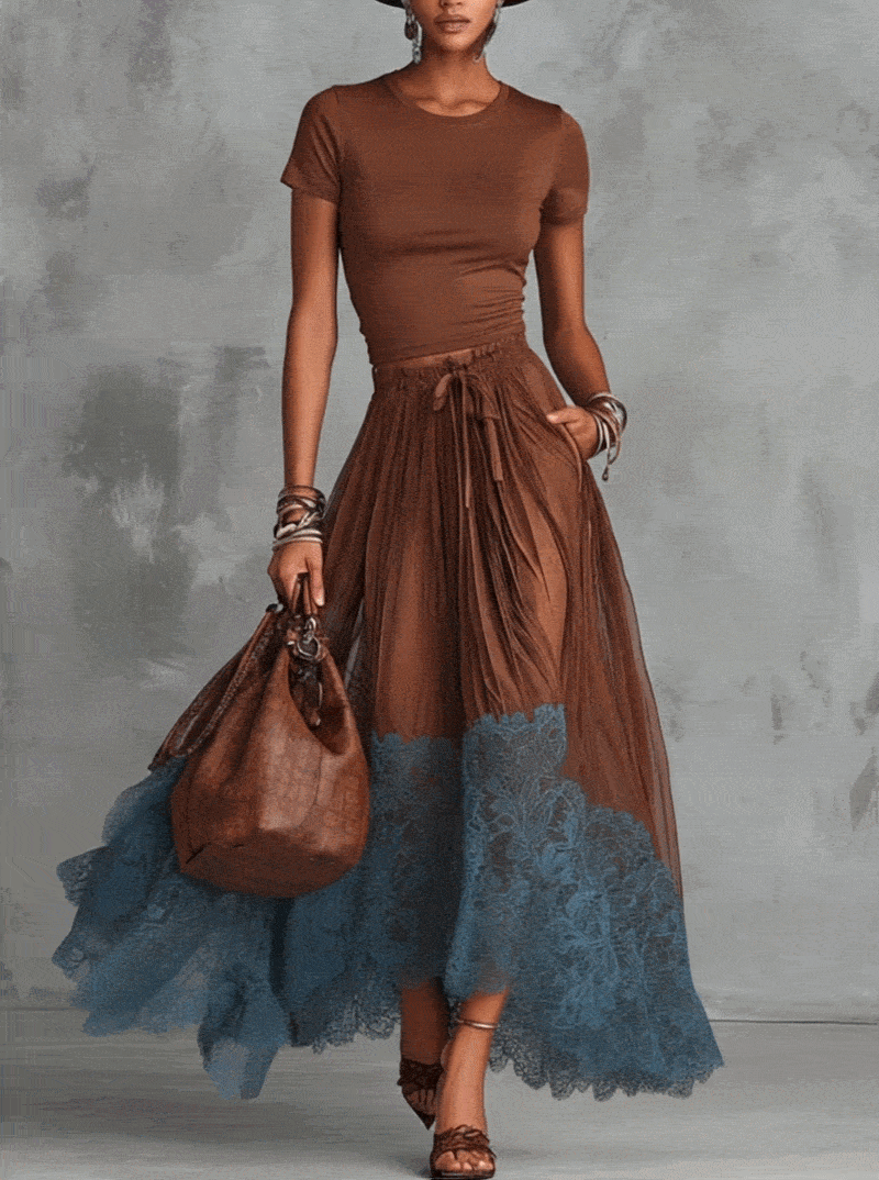 Ensemble jupe en tulle marron et bleu à dentelle