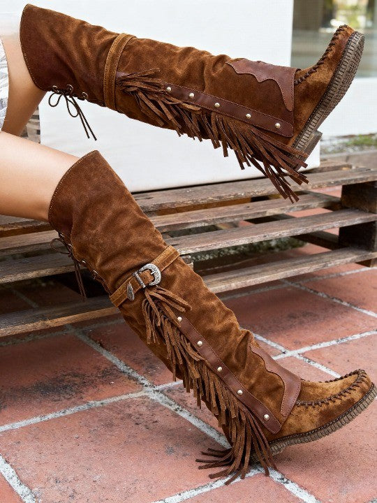 Women's over-the-knee tassel rivet flat high boots