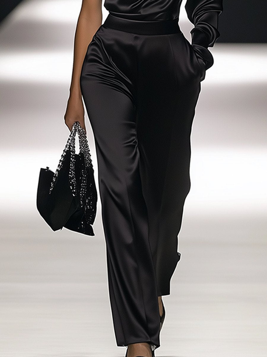 Elegant Off-the-shoulder Satin Long-sleeved Jumpsuit