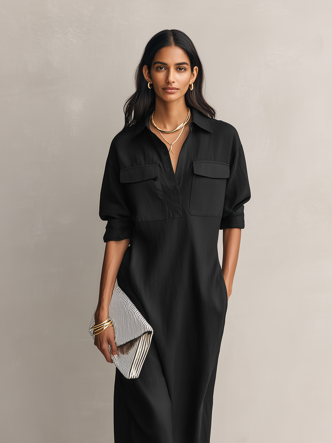 Vestito midi con colletto in cotone e lino