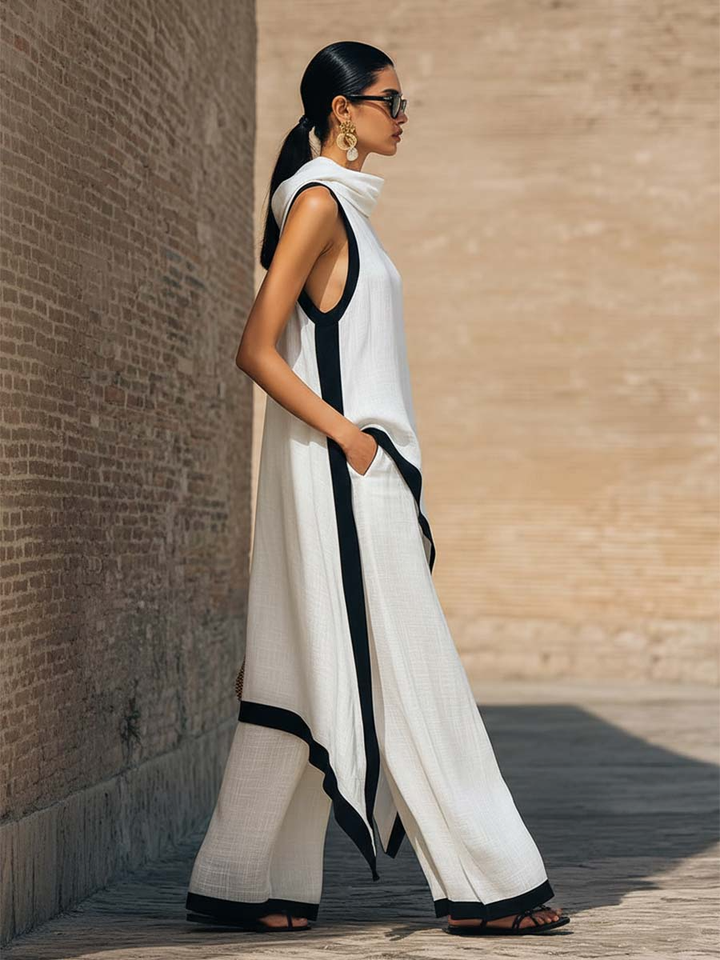 Ensemble deux pièces élégant : haut sans manches asymétrique et pantalon large