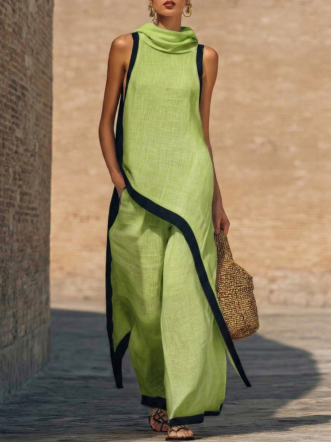 Ensemble deux pièces élégant : haut sans manches asymétrique et pantalon large
