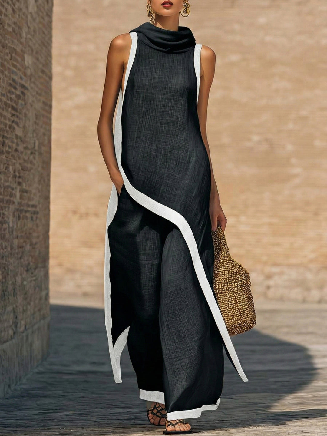 Ensemble deux pièces élégant : haut sans manches asymétrique et pantalon large