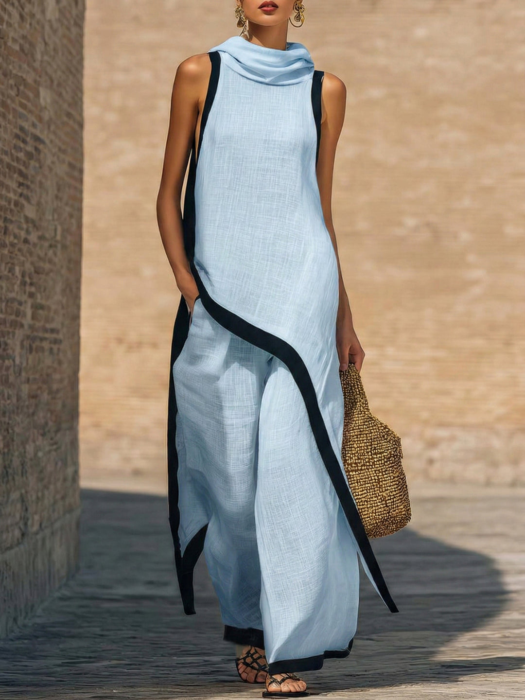 Ensemble deux pièces élégant : haut sans manches asymétrique et pantalon large