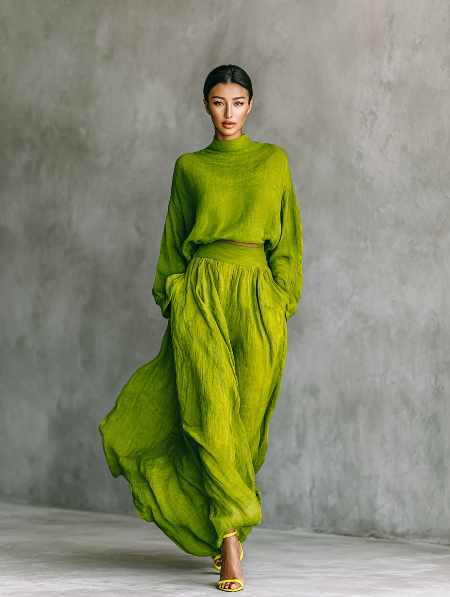 Women's Green Turtleneck Top and Maxi Skirt Set