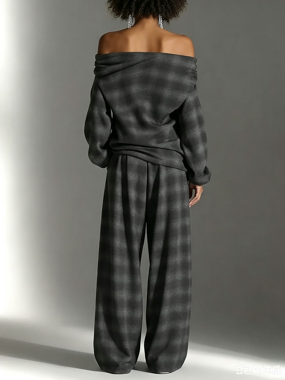 Set ng Plaid na Pantalon na Off-Shoulder