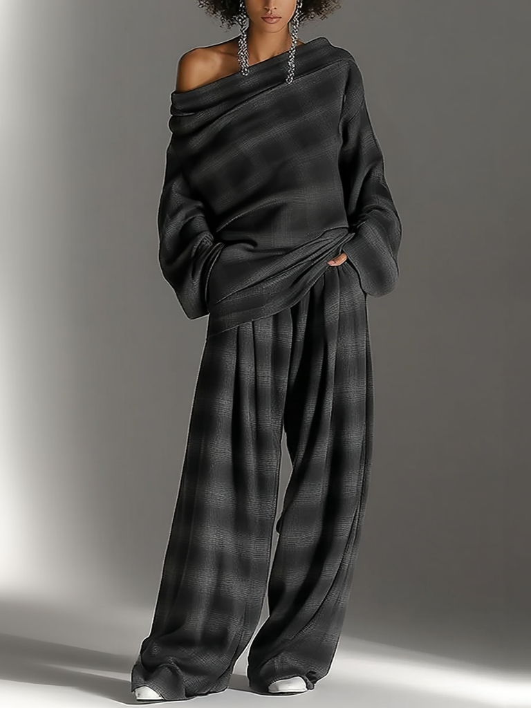 Set ng Plaid na Pantalon na Off-Shoulder