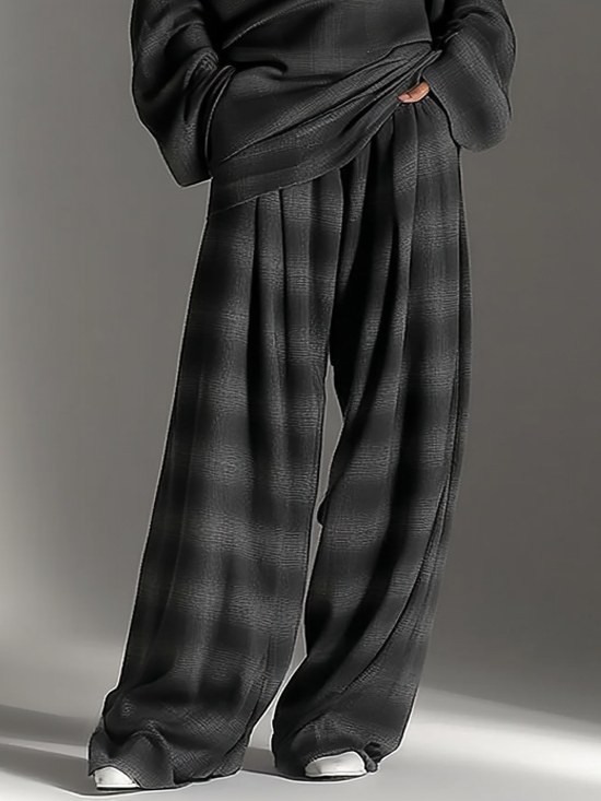 Set ng Plaid na Pantalon na Off-Shoulder