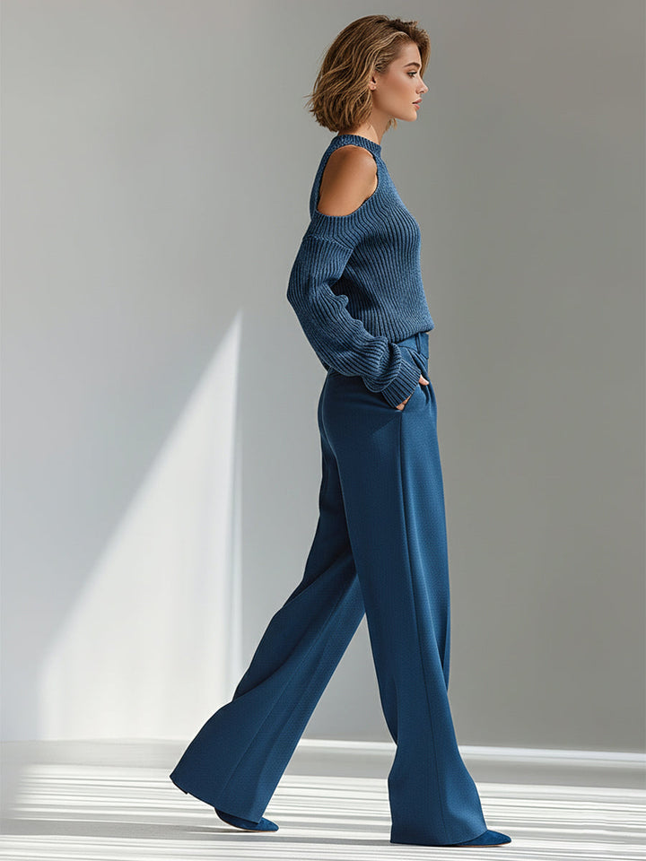Women's Blue Elegant Ribbed Knit Cold - Shoulder Sweater And Wide - Leg Pants Set